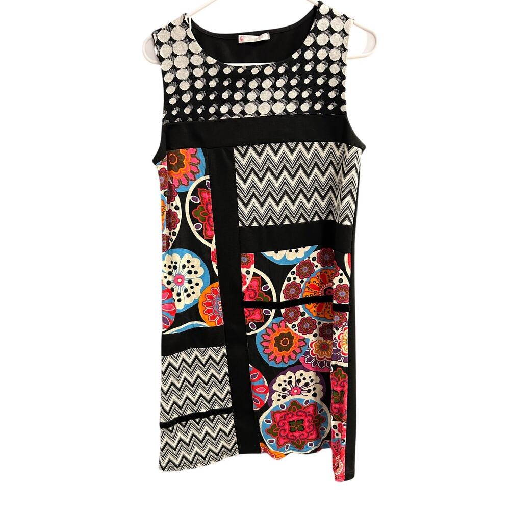 Retro Style Promod Dress Boho Chic Shift Size M Dots Chevron Mandalas Patchwork